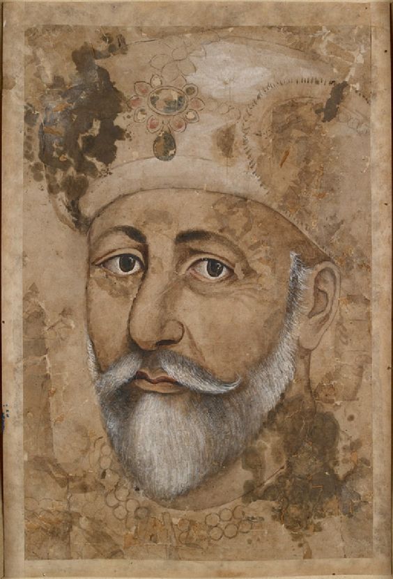 Europeanized in its full-face portraiture and modelling, this sadly gazing nobleman is the last Mughal emperor Bahadur Shah II