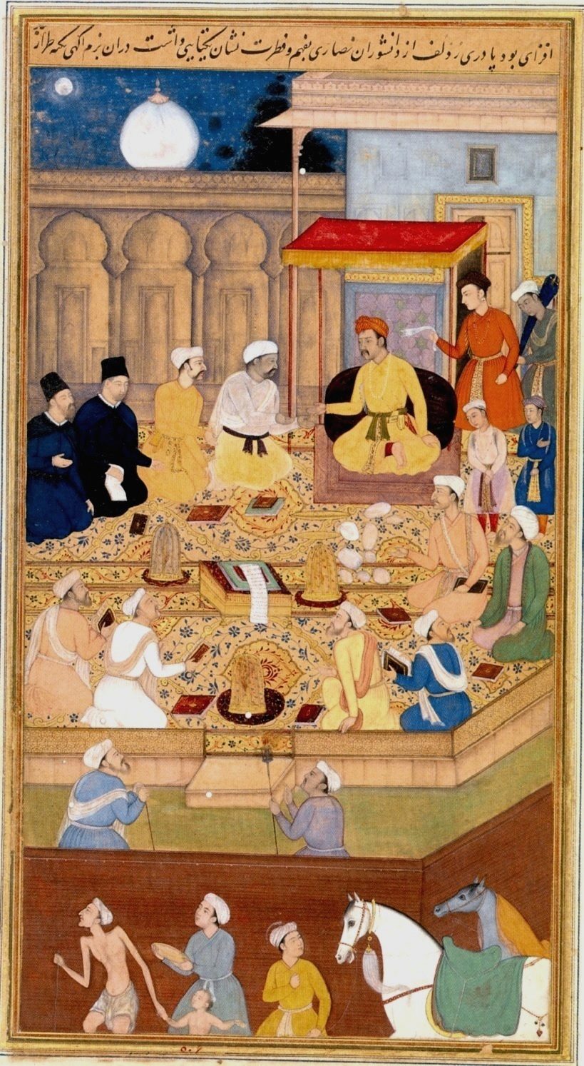 Mughal Emperor Akbar holds a religious assembly in the Ibadat Khana in Fatehpur Sikri