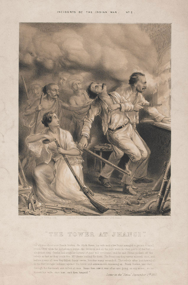 Captain Alexander Skene and Mrs Margaret Skene sheltering in the tower at Jhansi, 1857