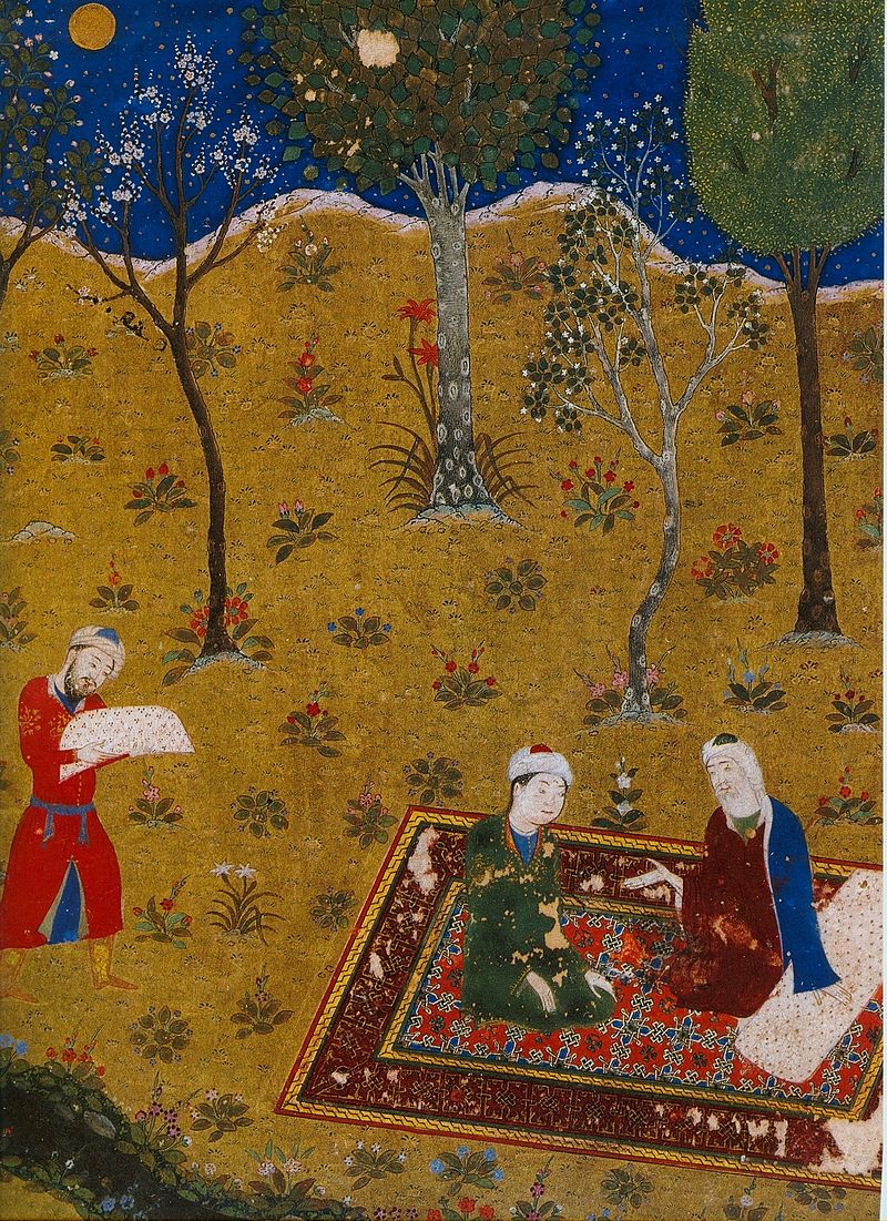 The poet Sa'di converses by night with a young friend in a garden