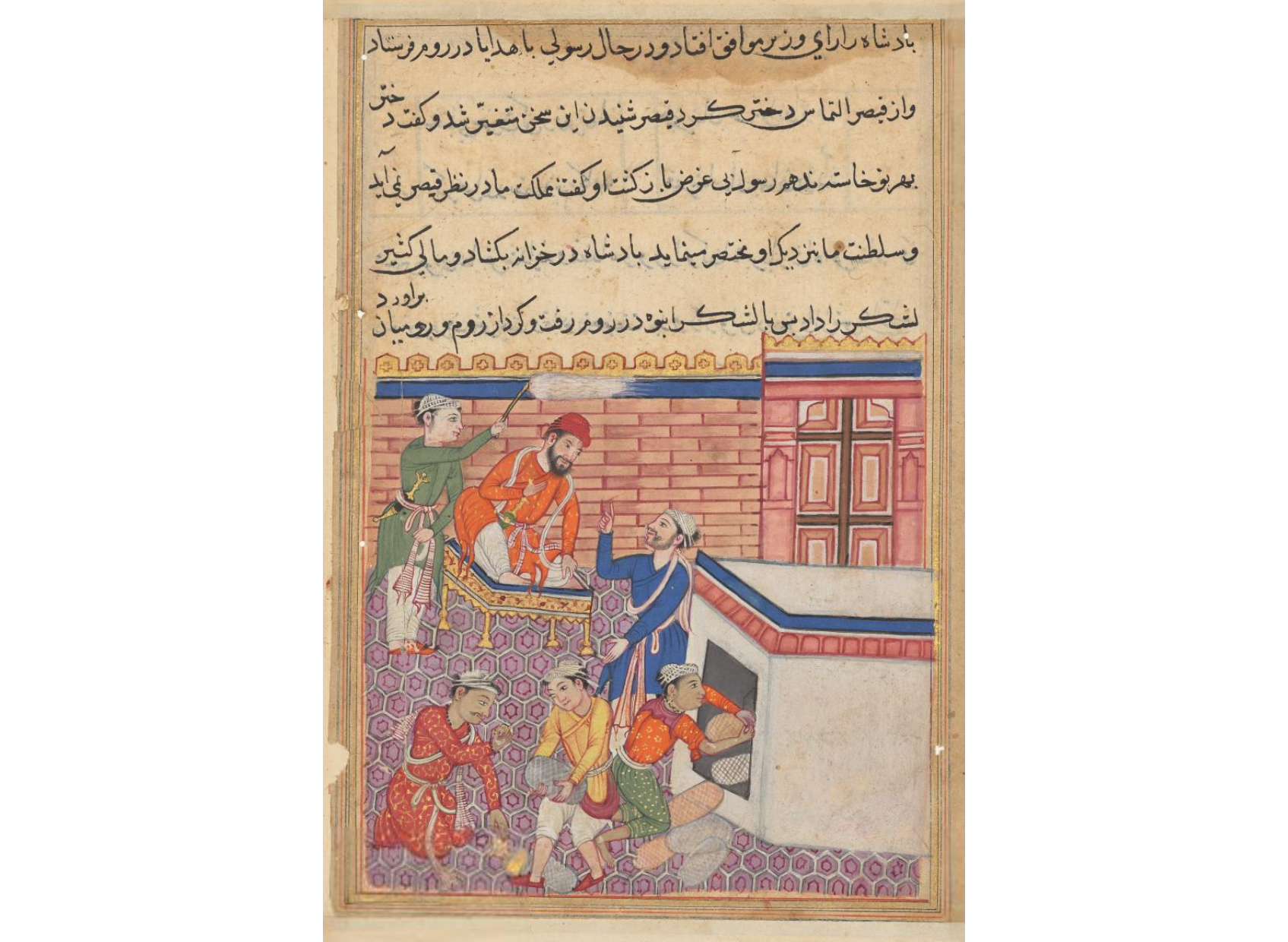 Page from Tales of a Parrot (Tuti-nama): Fiftieth night: The king’s emissary being provided with gifts for his mission to Rum in order to seek the hand of the emperor’s daughter in marriage