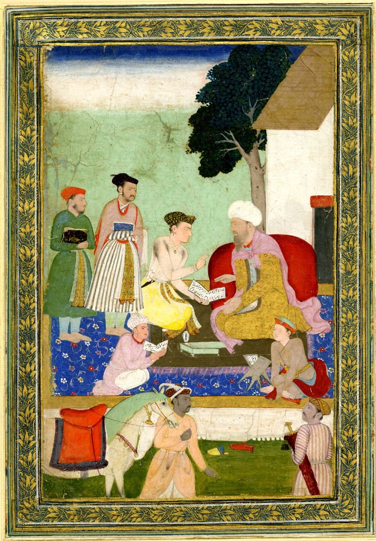 Prince Parvez visiting a religious teacher with attendants with inscription