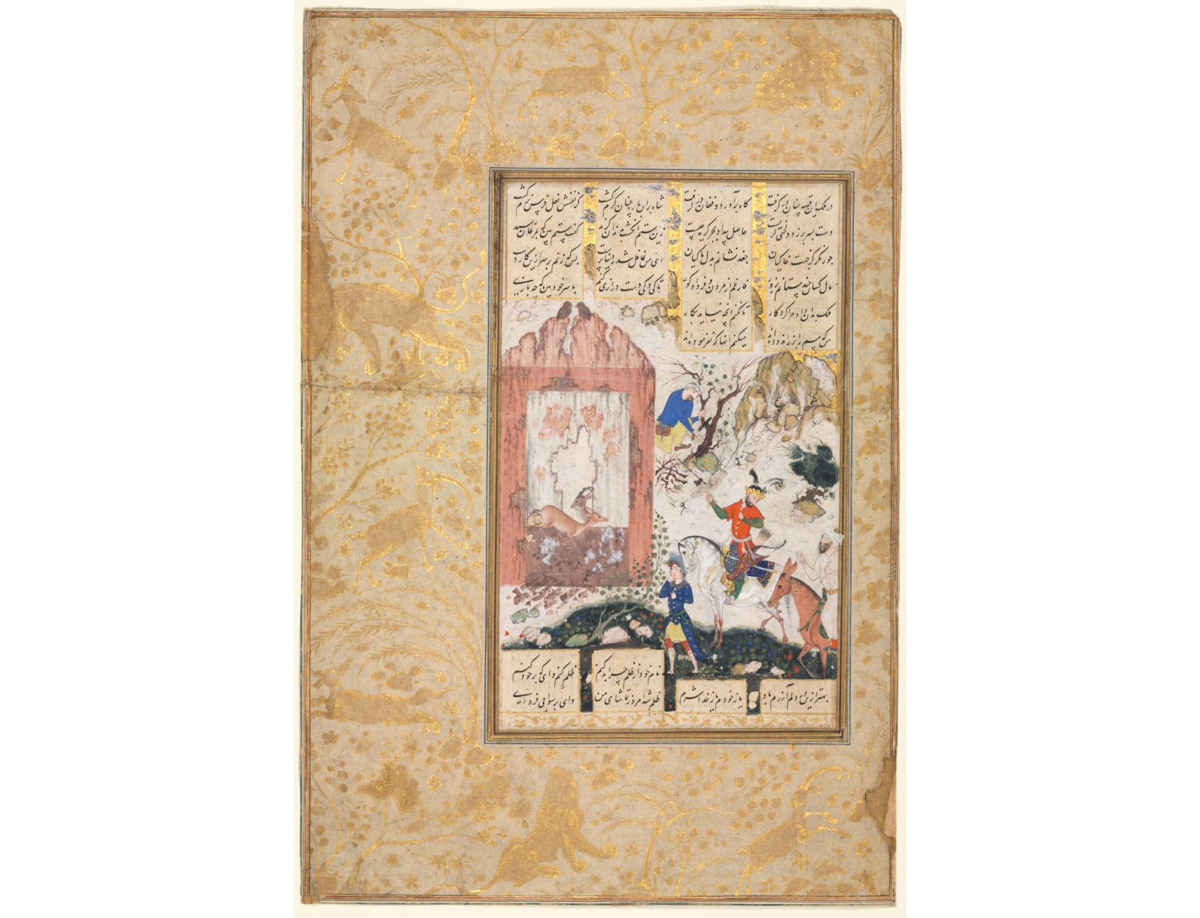 Nushirwan Listens to the Owls (recto): Illustration and Text, Persian Verses, from a Manuscript of the Khamsa of Nizami, Makhzan al-Asrar [Treasure of Secrets]