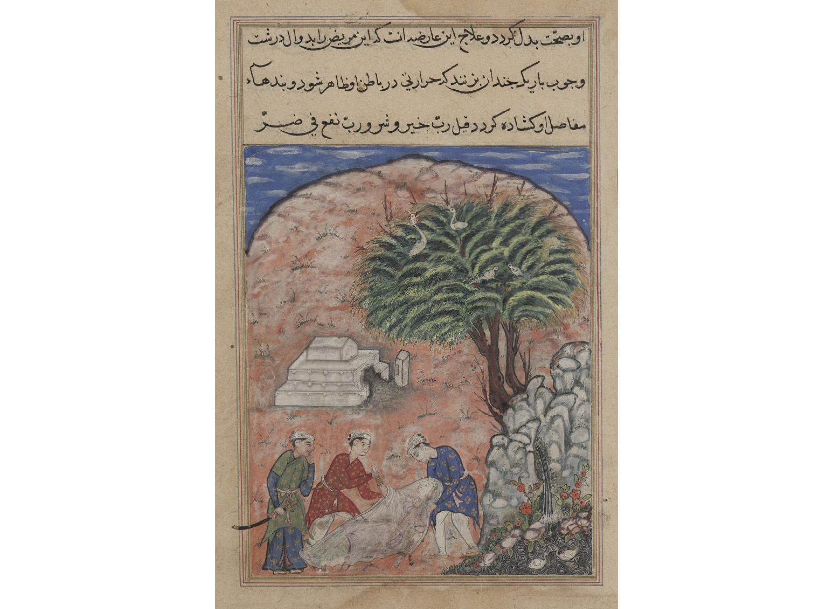 The suitors take the devotee’s daughter out of her tomb after breaking it open, when the physician discovers she is still alive, from a Tuti-nama (Tales of a Parrot): Twentieth Night