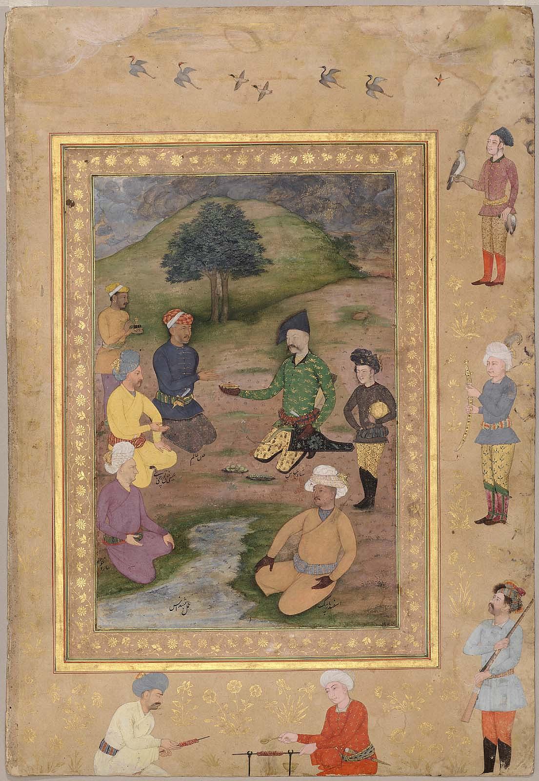 Page from the Late Shah Jahan Album: Khan Alam, Ambassador of Jahangir, with Shah Abbas in a Landscape