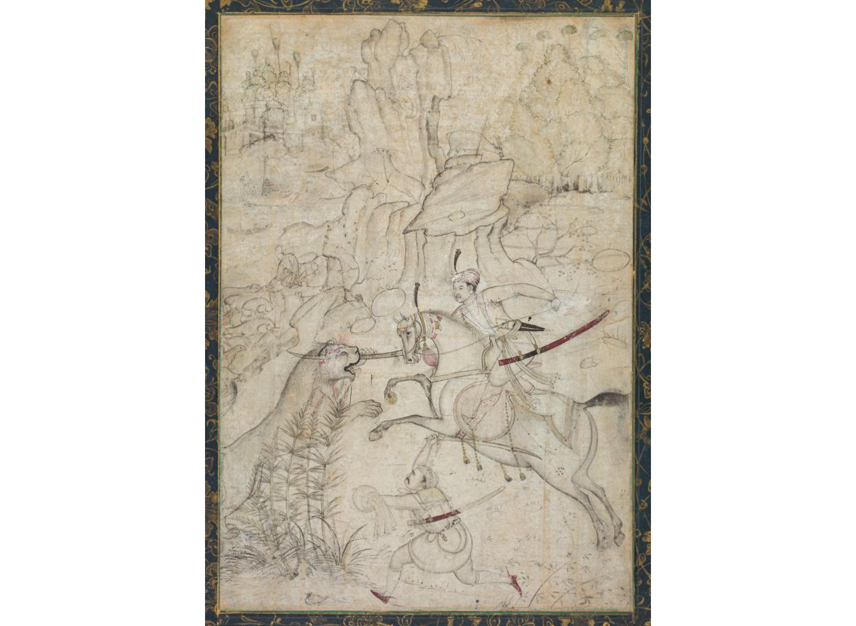 A Mounted Prince Hunting Lion in a Rocky Landscape