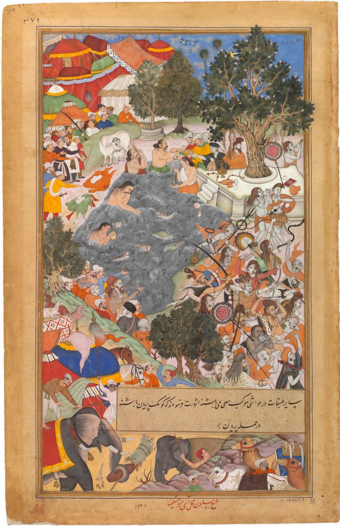 Akbar Watches a Battle between Two Rival Groups of Sanyasis at Thaneshwar By Basawan and Asi