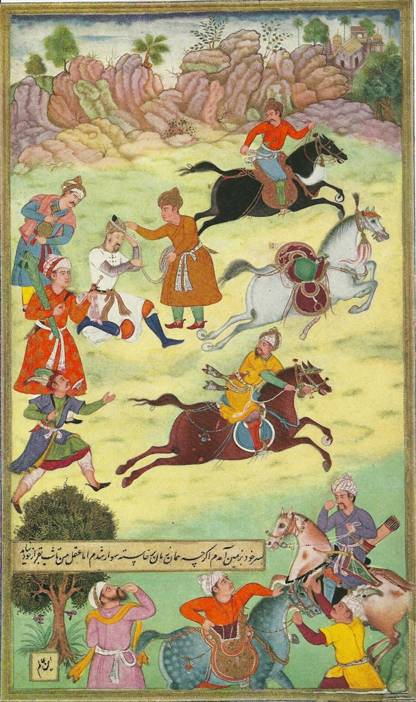 Babur fallen from his horse during a race