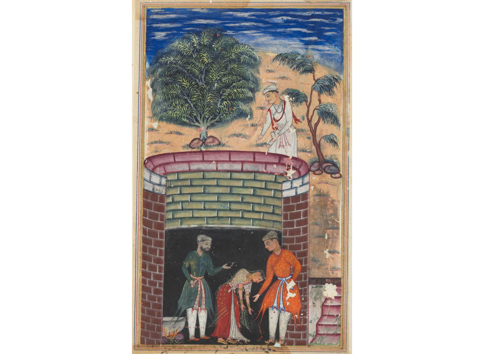 The daughter of the king of the jinns bows before the King of Kings who has just undergone the ordeal of passing through the boiling oil to emerge as a youth, from a Tuti-nama (Tales of a Parrot): Seventh Night