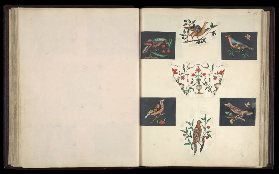 Four smaller panels representing birds, plants, etc., as well as Mughal pietra dura work, installed at the back of the throne in the jharokha of the Diwan-i-'Am in the Delhi Palace.