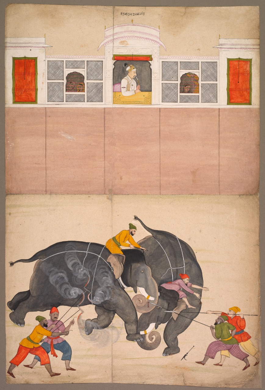 Two Elephants Fighting in a Courtyard Before Emperor  Muhammad Shah