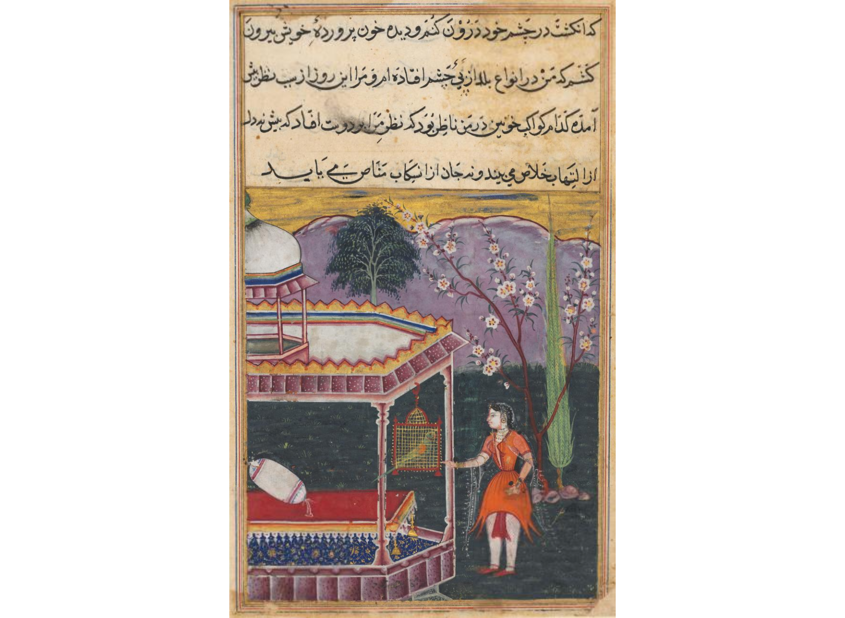 The Parrot Addresses Khujasta at the Beginning of the Eighth Night, from a Tuti-nama (Tales of a Parrot)