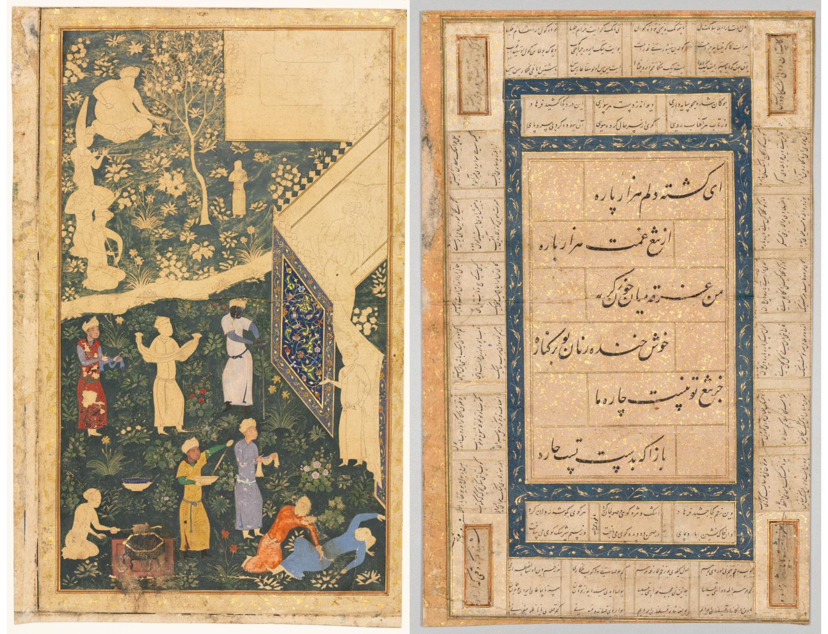 Left side of a double-page album folio: Outside a Royal Encampment (recto) and Calligraphy, Persian Verses (verso)