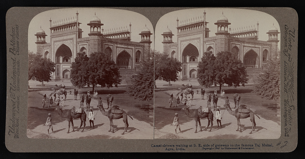 Camel-drivers waiting at s. e. side of gateway to the famous Taj Mahal, Agra, India