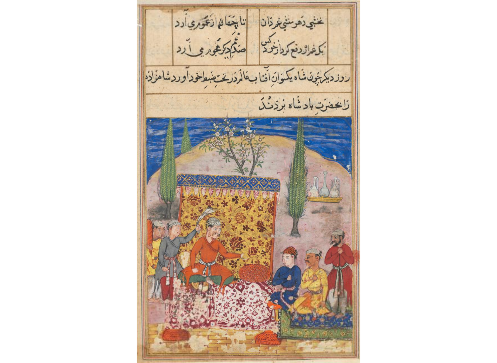 The young prince is presented to the king, his father, by his teacher, but refuses to speak, from a Tuti-nama (Tales of a Parrot): Eighth Night