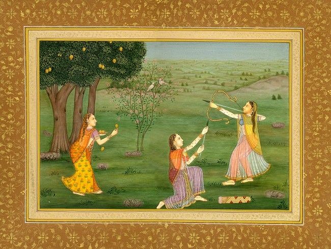 A painting of royal women shooting down mangoes