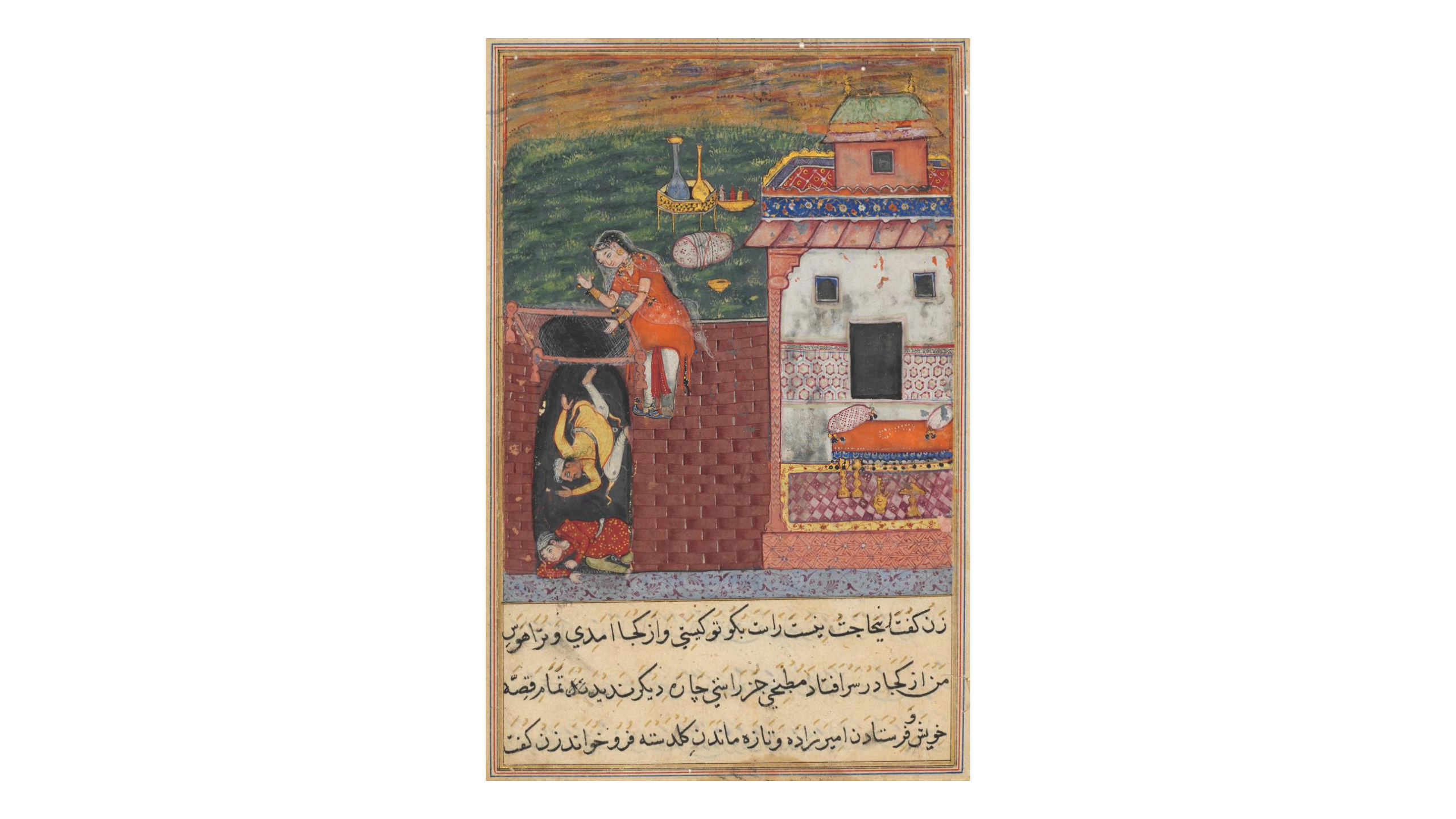 The two cooks, who attempt to seduce the warrior’s loyal wife, are trapped by her in a cellar, from a Tuti-nama (Tales of a Parrot): Fourth Night