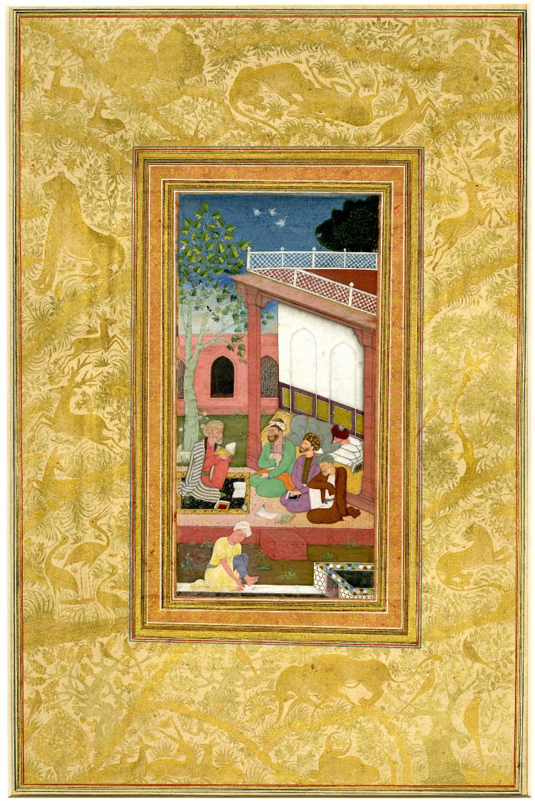 A Mulla kneeling with an open book rested against his knee expounding in the court of a mosque, surrounded by three engaged students