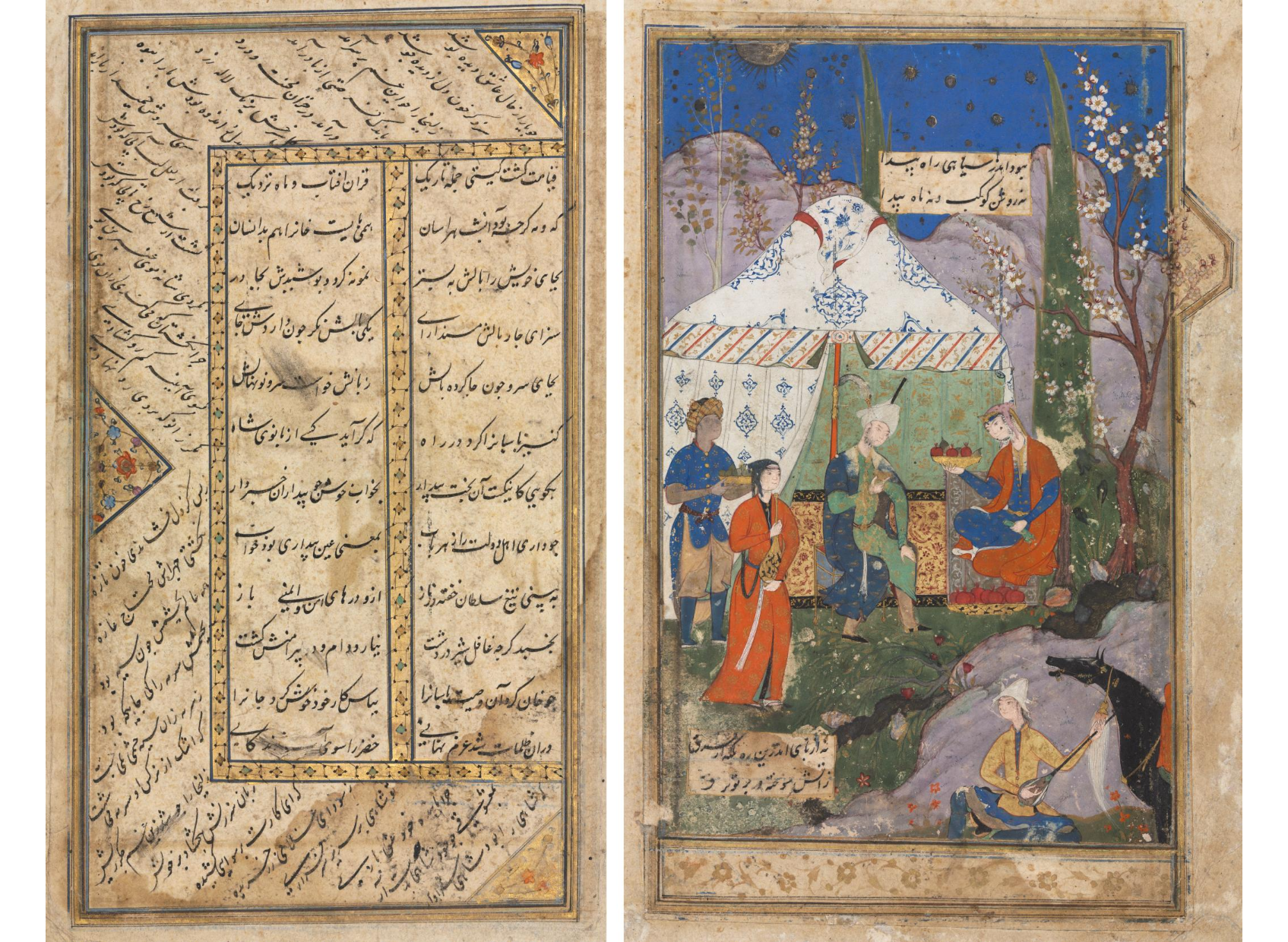 An Episode from the Story of the Sasanian King Khusrau and his Beloved Shirin, from a Khamsa (Quintet) of Nizami (1141–1209) (verso); Persian verses from a Haft Awrang (Seven Thrones) of Jami (d. 1492) (recto)