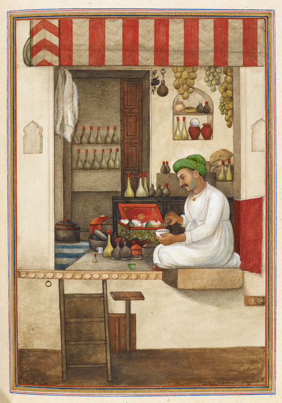 Drug store in India / artwork of a drug trader or perfumer at work