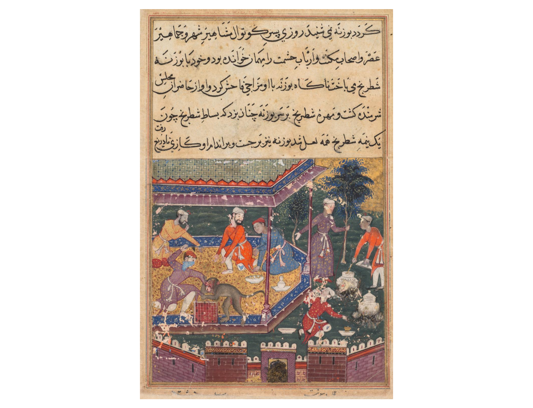 The wounded monkey bites the hand of the prince, his chessmate, in the presence of guests, from a Tuti-nama (Tales of a Parrot): Fifth Night