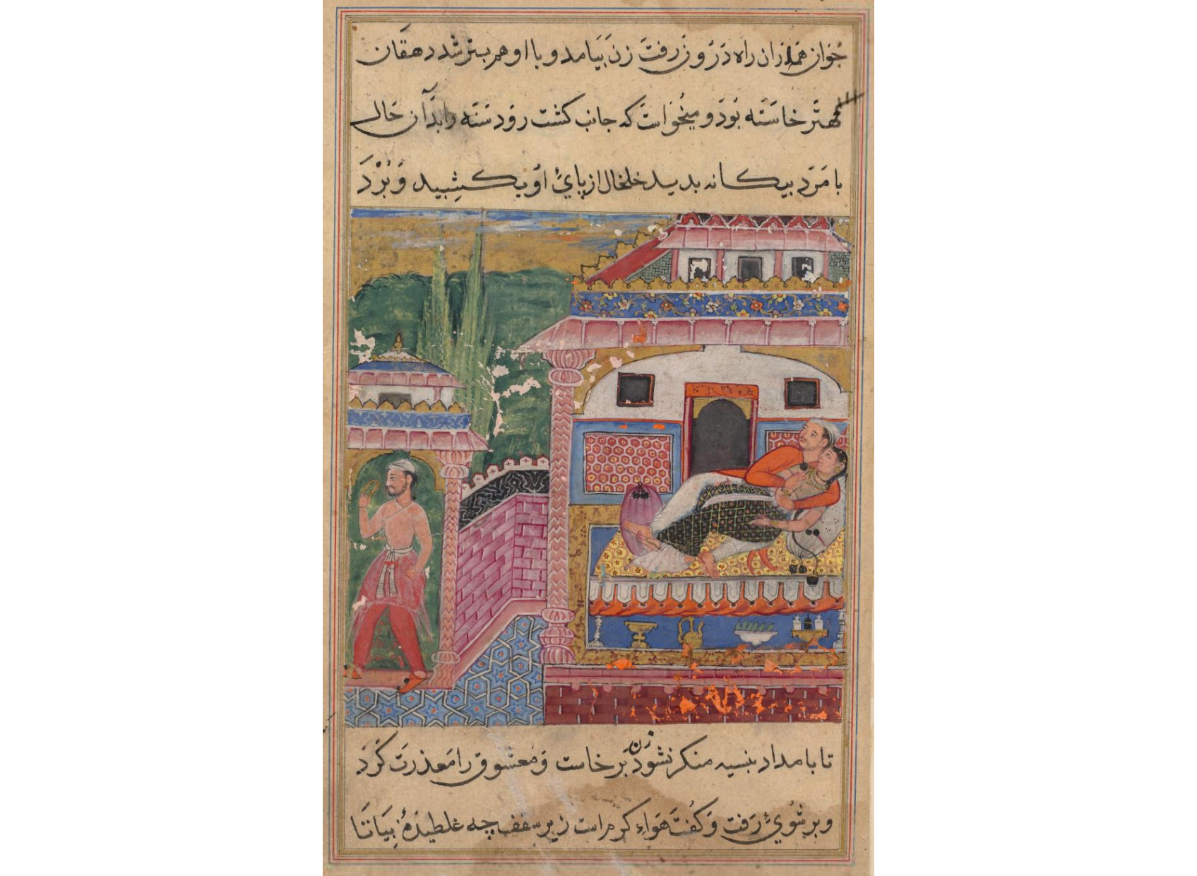 The farmer, father of the son with the deceitful wife, steals away with her anklet while she is in bed with her lover, from a Tuti-nama (Tales of a Parrot): Eighth Night