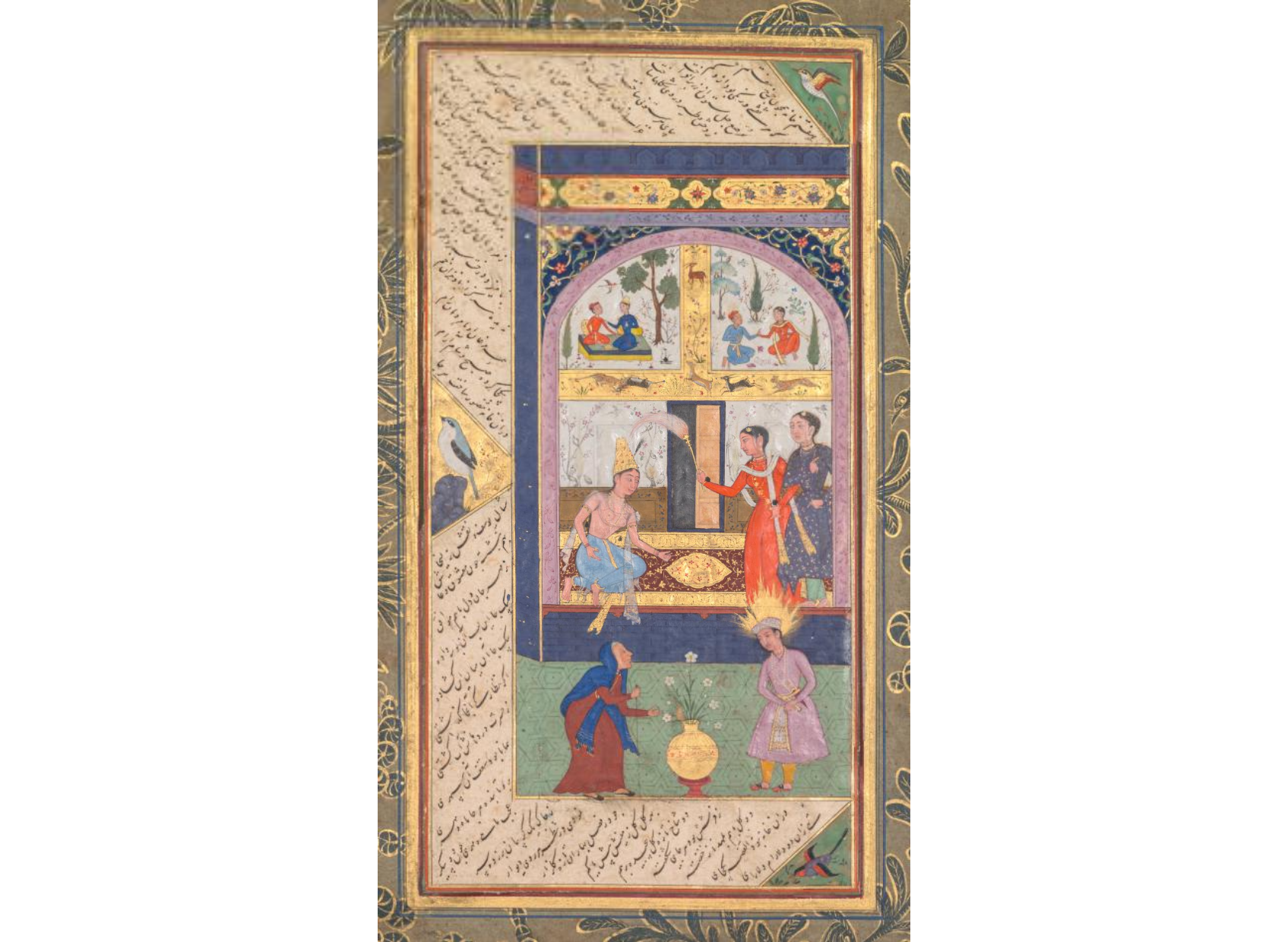 Zulaykha in her palace and as an old woman with Joseph, from a Panj Ganj (Five Treasures) of Abd al- Rahman Jami (Persian, 1414–1492) (recto)