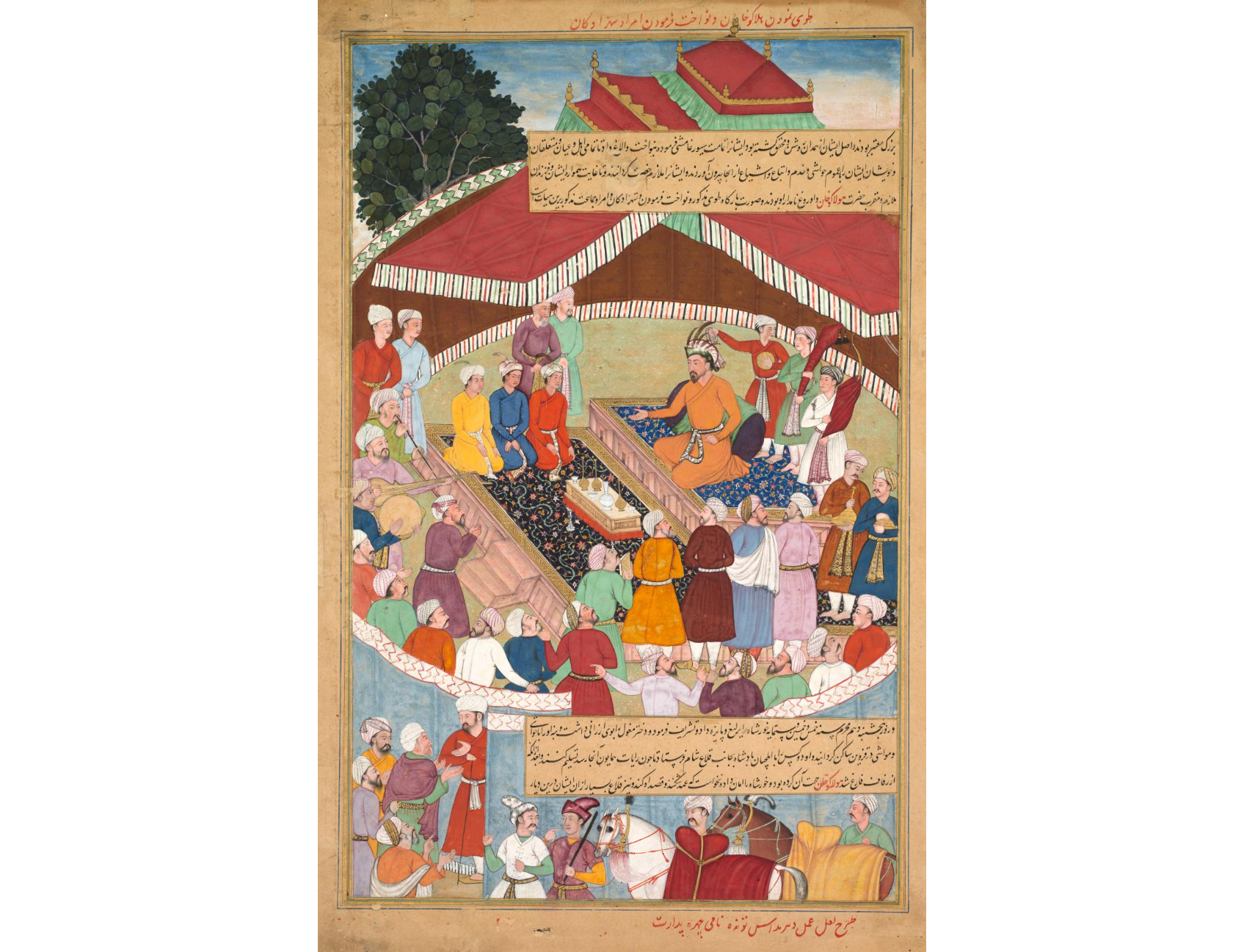 Hulagu Khan giving a feast and dispensing favor upon the amirs and princes, from a Chingiz-nama (Book of Chingiz Khan) of the Jami al-tavarikh (Compendium of Chronicles)