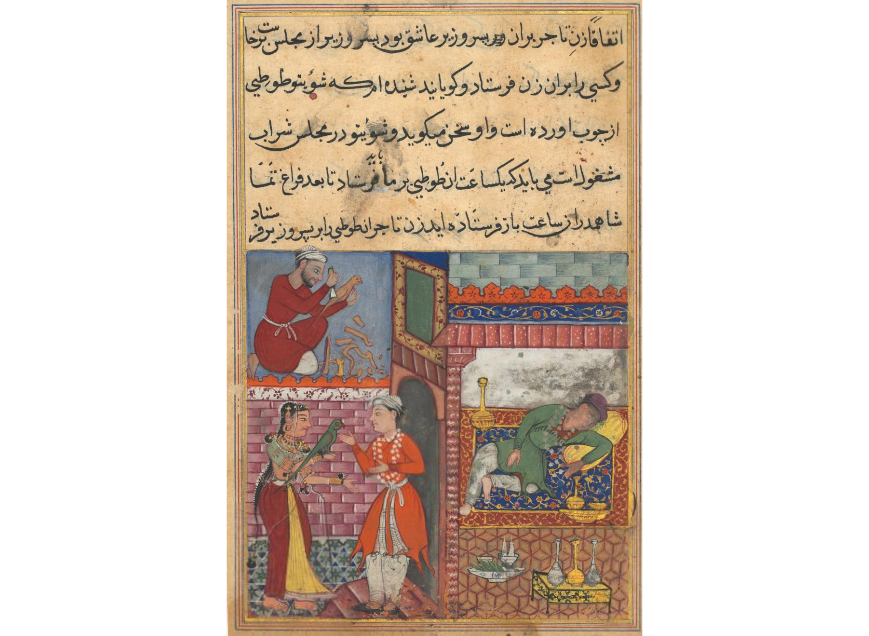 The vizier’s son receives the magic wooden parrot from the wife of the merchant, who is drunk, and has a replica made by a carpenter, from a Tuti-nama (Tales of a Parrot): Tenth Night