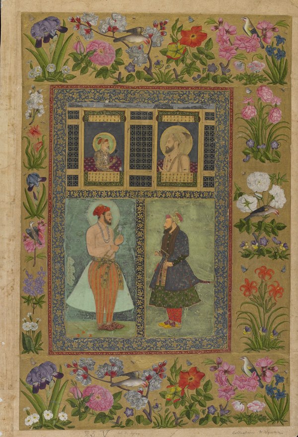 The four portraits included here represent the fifth emperor Shah Jahan (reigned 1628-58; upper left), and his sons Emperor Aurangzeb (reigned 1658-1707; upper right) and Dara Shikoh (reigned 1615-59), who is identified and dated by the inscription (lower left). The man on the lower right is not identified.
