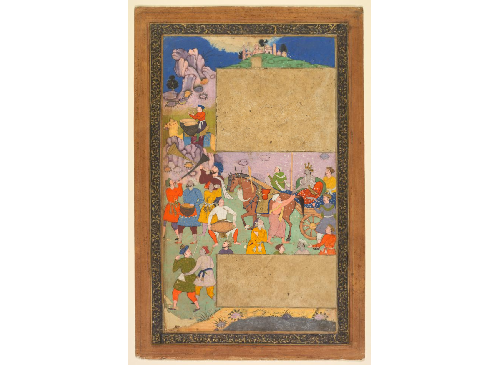 A charioteer riding through a rocky landscape with an entourage of footmen and musicians, page from a Razm-nama (Book of Wars) adapted from the Sanskrit Mahabharata and translated into Persian by Mir Ghiyath al-Din Ali Qazvini, known as Naqib Khan (Persian, d. 1614)