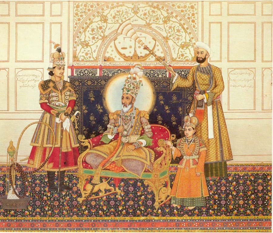 H.M. Abu l-Muzaffar Siraj ud-din Muhammad Bahadur Shah II Padshah Ghazi, Emperor of Delhi (Bahadur Shah II), with Two Sons, H.R.H Mirza Muhamed Sultan Fateh-ul-Mulk Shah Bahadur, the Heir Apparent (Shahzada Ghulam Fakhr ud-din, Mirza Fakhru Sahib) at His Right and Shahzada Mirza Muhammad Sultan Farkhunda Shah Bahadur (Mirza Bulaqi Sahib)