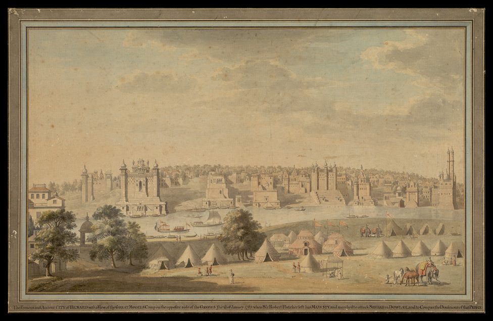A prospect view of the city of Benares spread out along the bank of the Ganges from Shivala Ghat to Aurangzeb's mosque - 1765