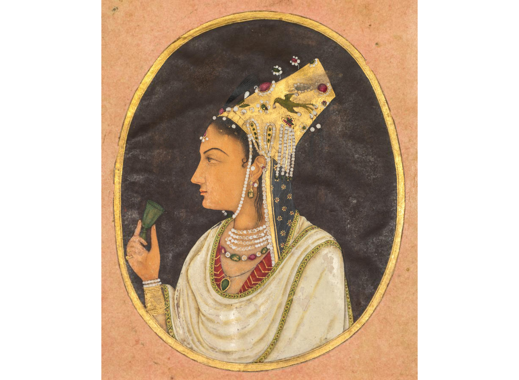 Oval portrait of a woman in a Chaghtai hat