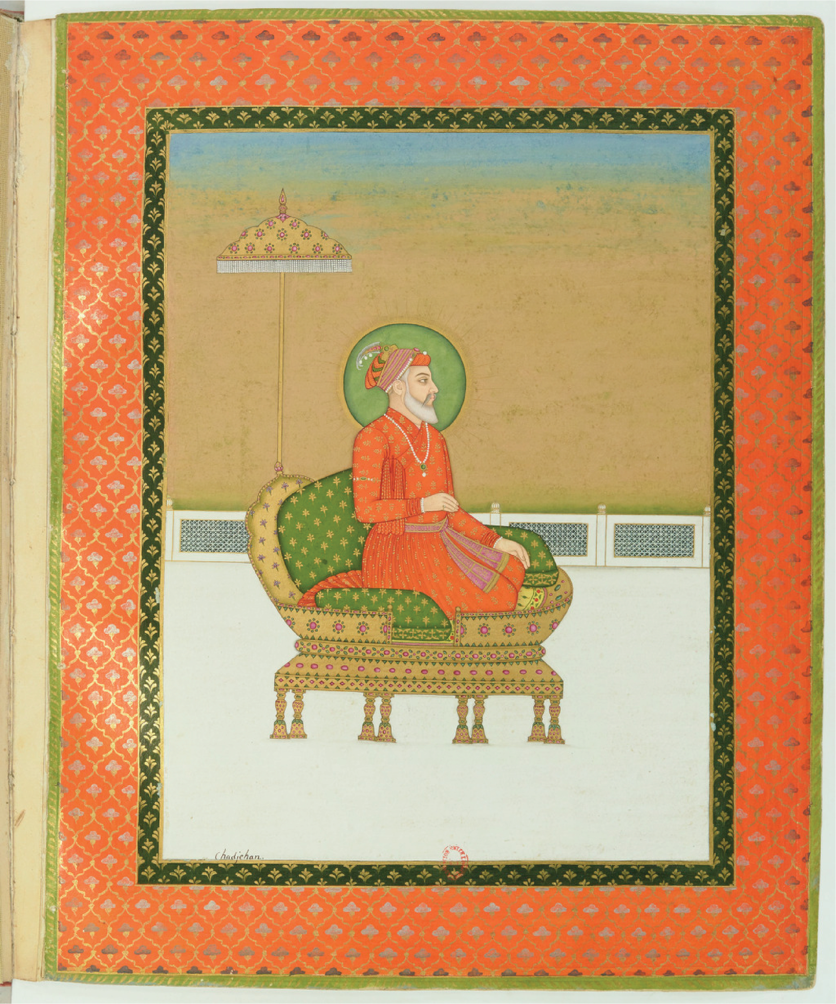 Collection of portraits of Mughal Emperors made by Colonel Gentil (M. Al-Sultan al-'Azam wal Khaqan al-Mukarram, Abu'l-Muzaffar Shihab ud-din Muhammad, Sahib-i-Qiran-i-Sani, Shah Jahan I Padshah Ghazi Zillu'llah [Firdaus-Ashiyani], Emperor of Hindustan) t