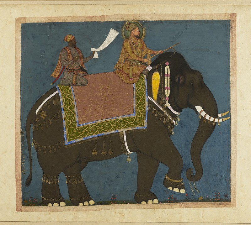 Sultan Muhammad Adil Shah and Ikhlas Khan riding an Elephant