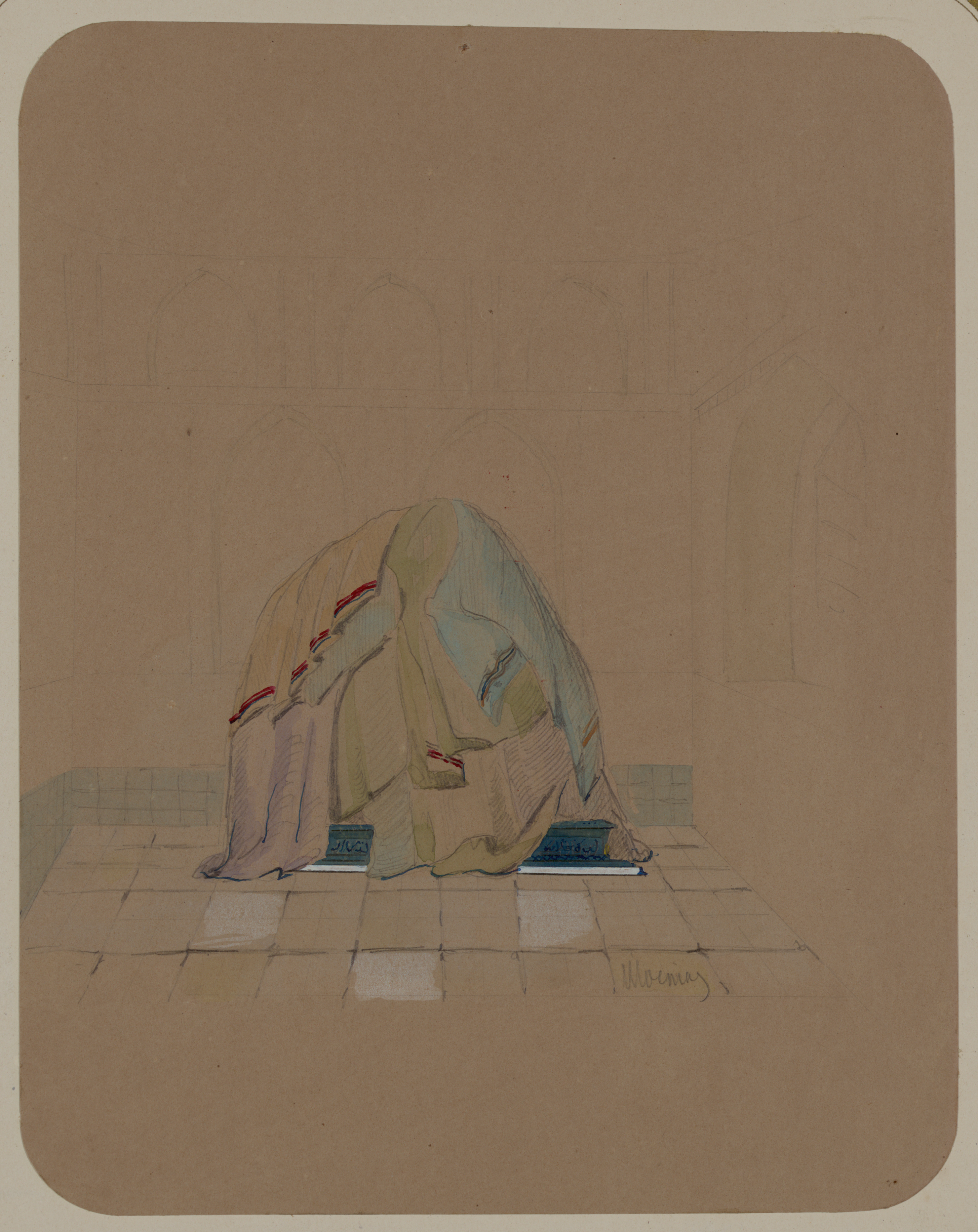 Samarkandskiia drevnosti. Grobnitsa sviatago Kussama ibni Abassa (Shakh-Zinde) i mavzolei pri nei. Mogila, v kotoroi stoit grobnitsa sviatago. Mogila sviatago Kussama Ibni Abassa (Shakh-Zinde) umershago v 57 g. Gidzhery