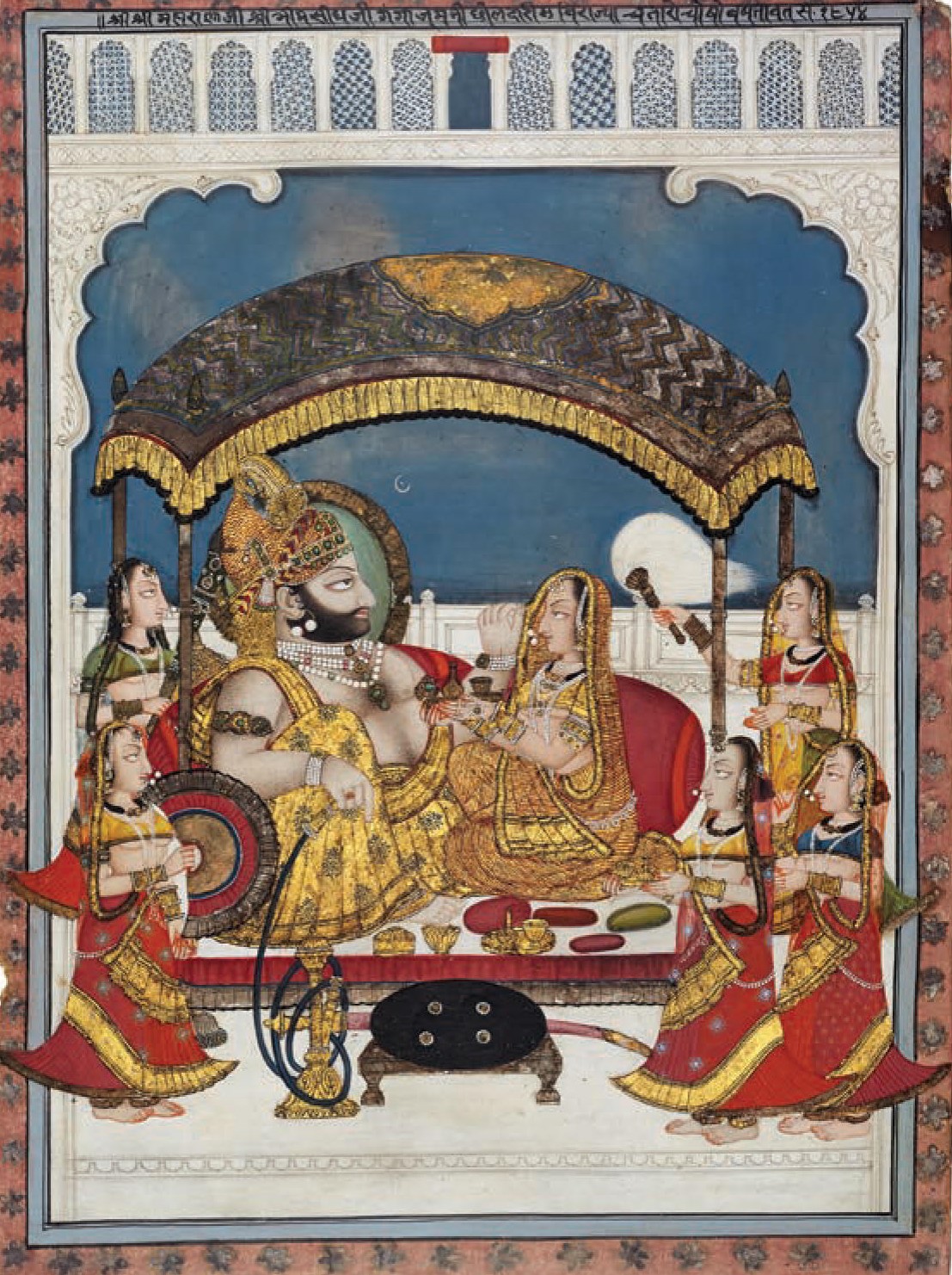 Maharana Bhim Singh of Mewar  seated under a ganga-jamani canopy