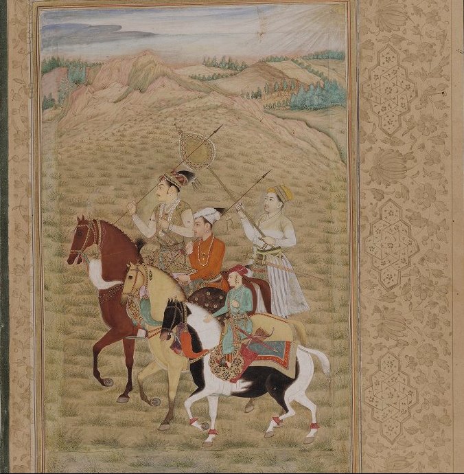 Shuja, Aurangzeb, and Murad Bakhsh mounted on horses in a landscape with mountains and a village in the background