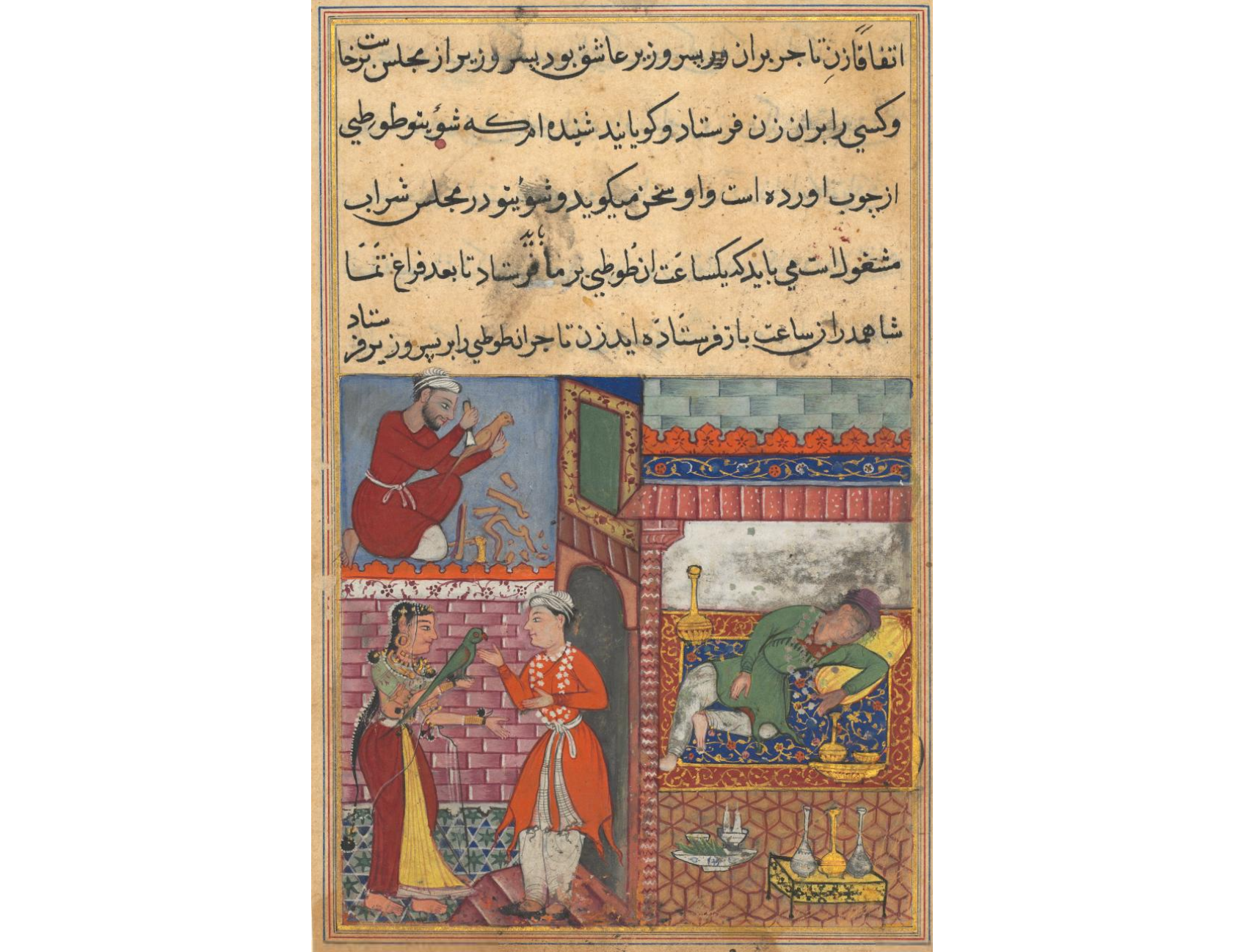 The vizier’s son receives the magic wooden parrot from the wife of the merchant, who is drunk, and has a replica made by a carpenter, from a Tuti-nama (Tales of a Parrot): Tenth Night