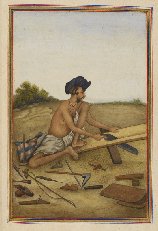 Khati or Tarkhan, carpenter caste of the Panjab. Man sawing a plank