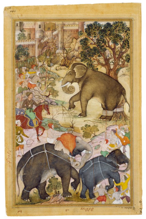Akbar inspecting a wild elephant captured from a herd near Malwa in 1564. Painting from the Akbarnama, 1590-1595.