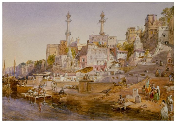 Watercolour, Mosque of Aurangzeb, Ganges, Benares, William Simpson