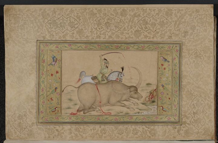 The Emperor Shah Jahan killing a wild bull. Hunting scene - 17th century
