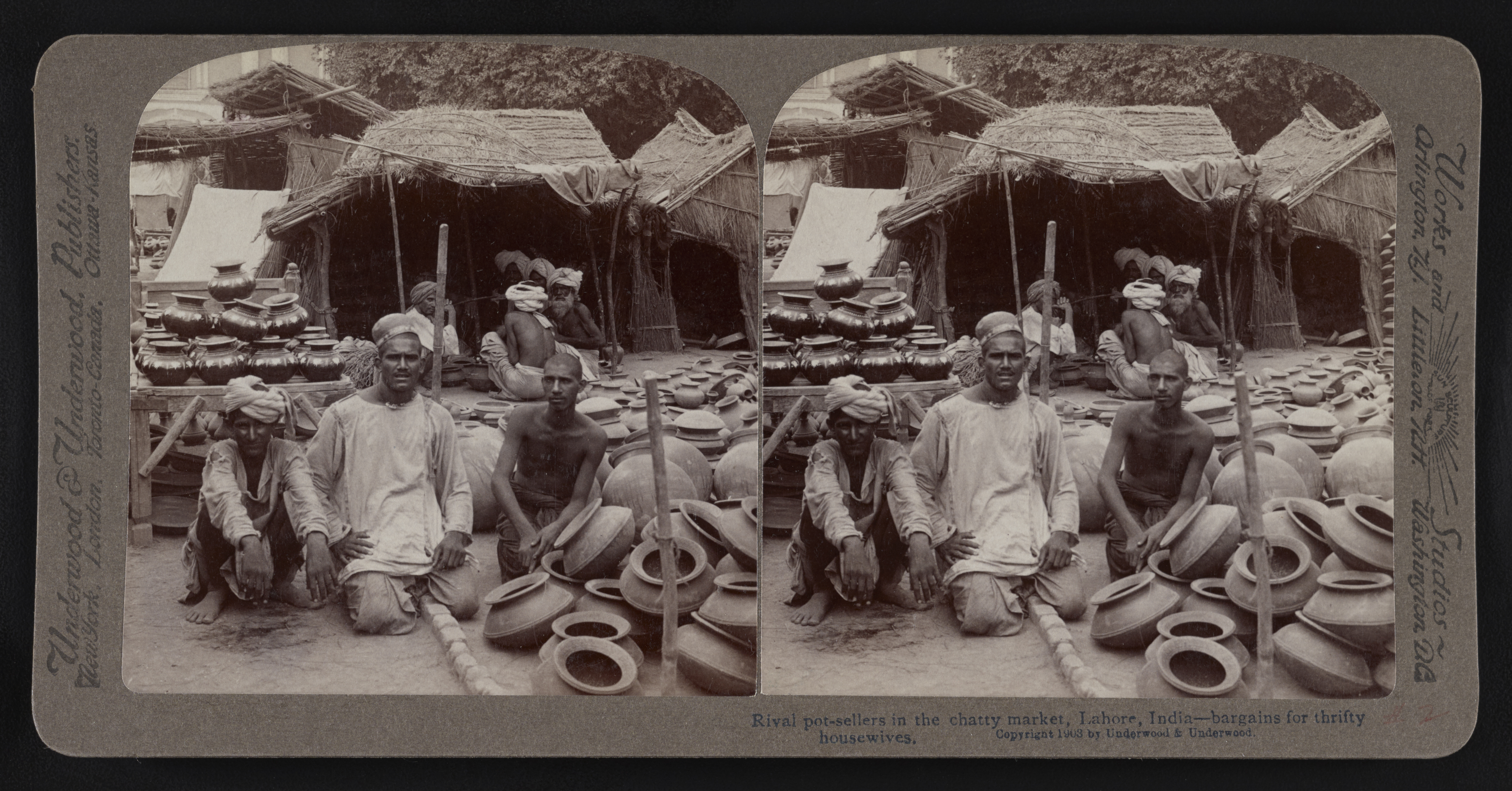 Rival pot-sellers in the chatty market, Lahore, India-bargains for thrifty housewives