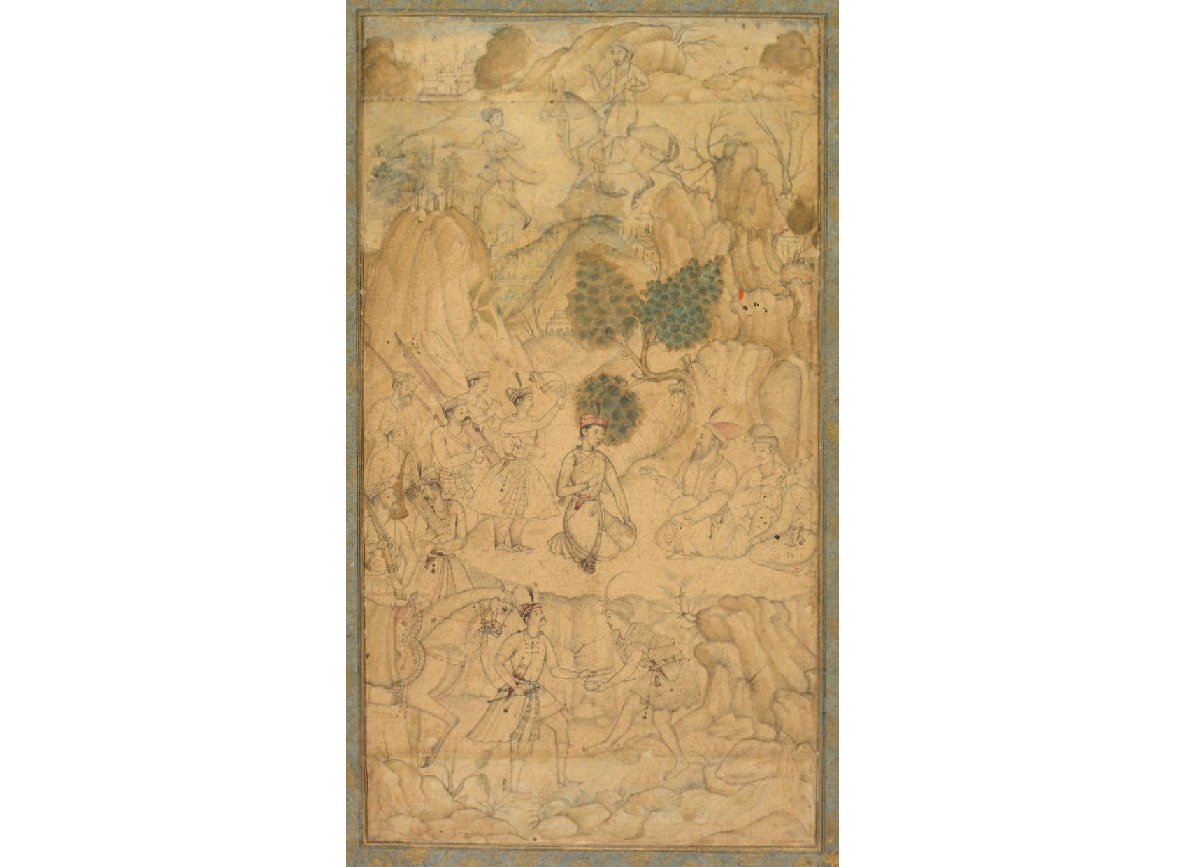 A prince visiting a holy man in a rocky landscape