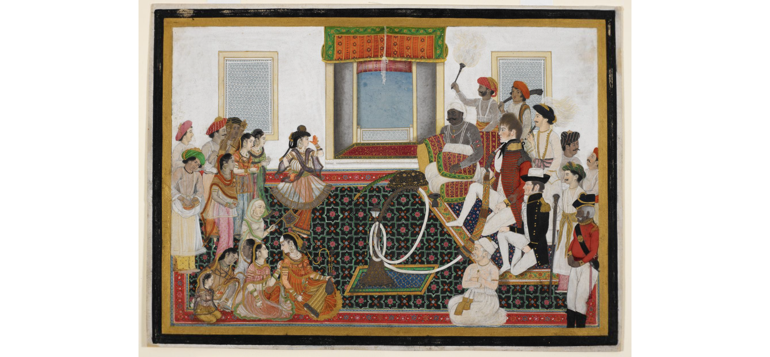 Mahadaji Sindhia entertaining a British naval officer and a young British military officer to a nautch