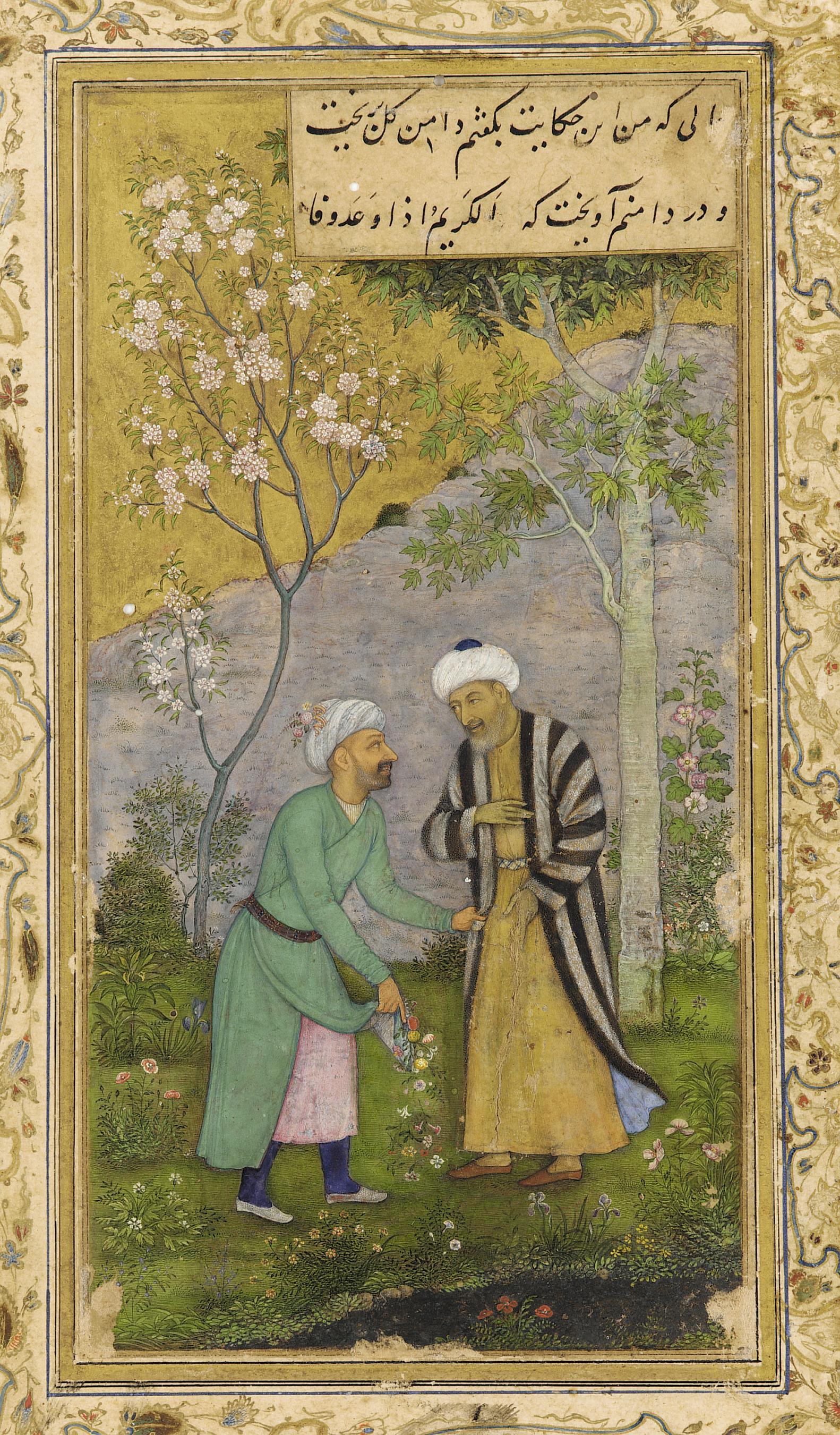Saadi in a Rose garden, from a Mughal manuscript of his work Gulistan, c. 1645. Saadi is on the right.