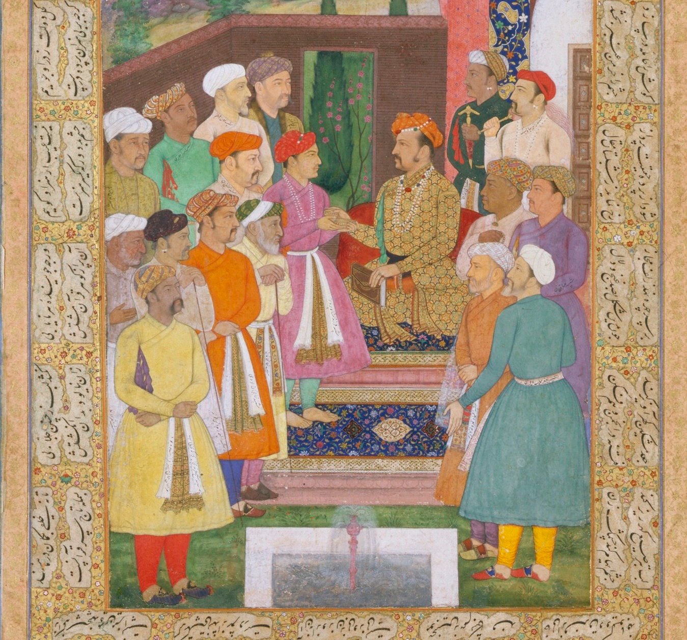 Jahangir receiving Prince Parviz in a garden, Mughal, by Manohar