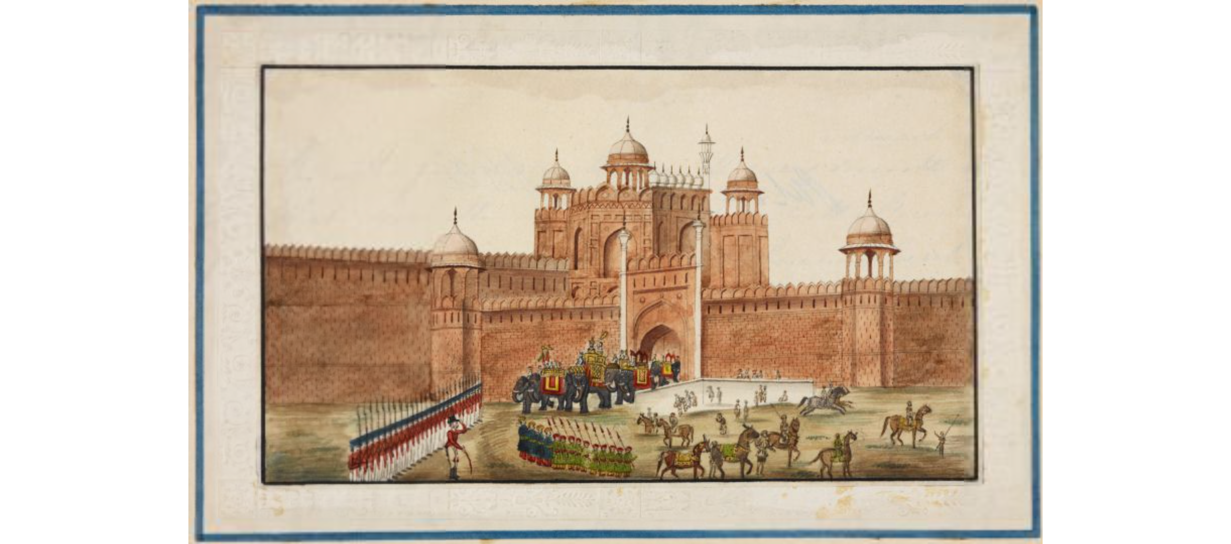 Lahore Gate, Red Fort, Delhi, with soldiers, horses and elephants in the foreground.